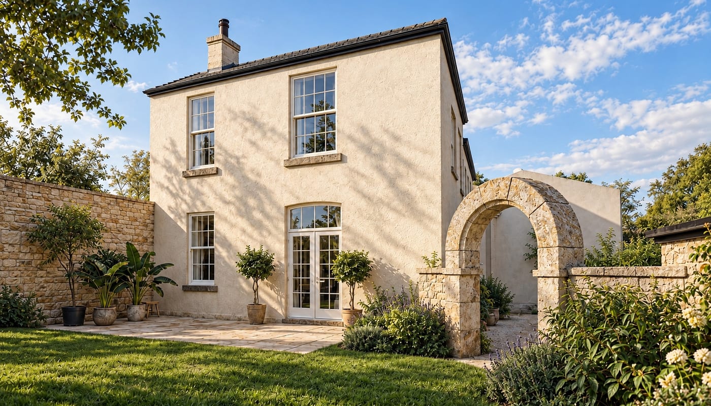 Stone cottage with arched garden entrance — residential project by David Bingham Architecture