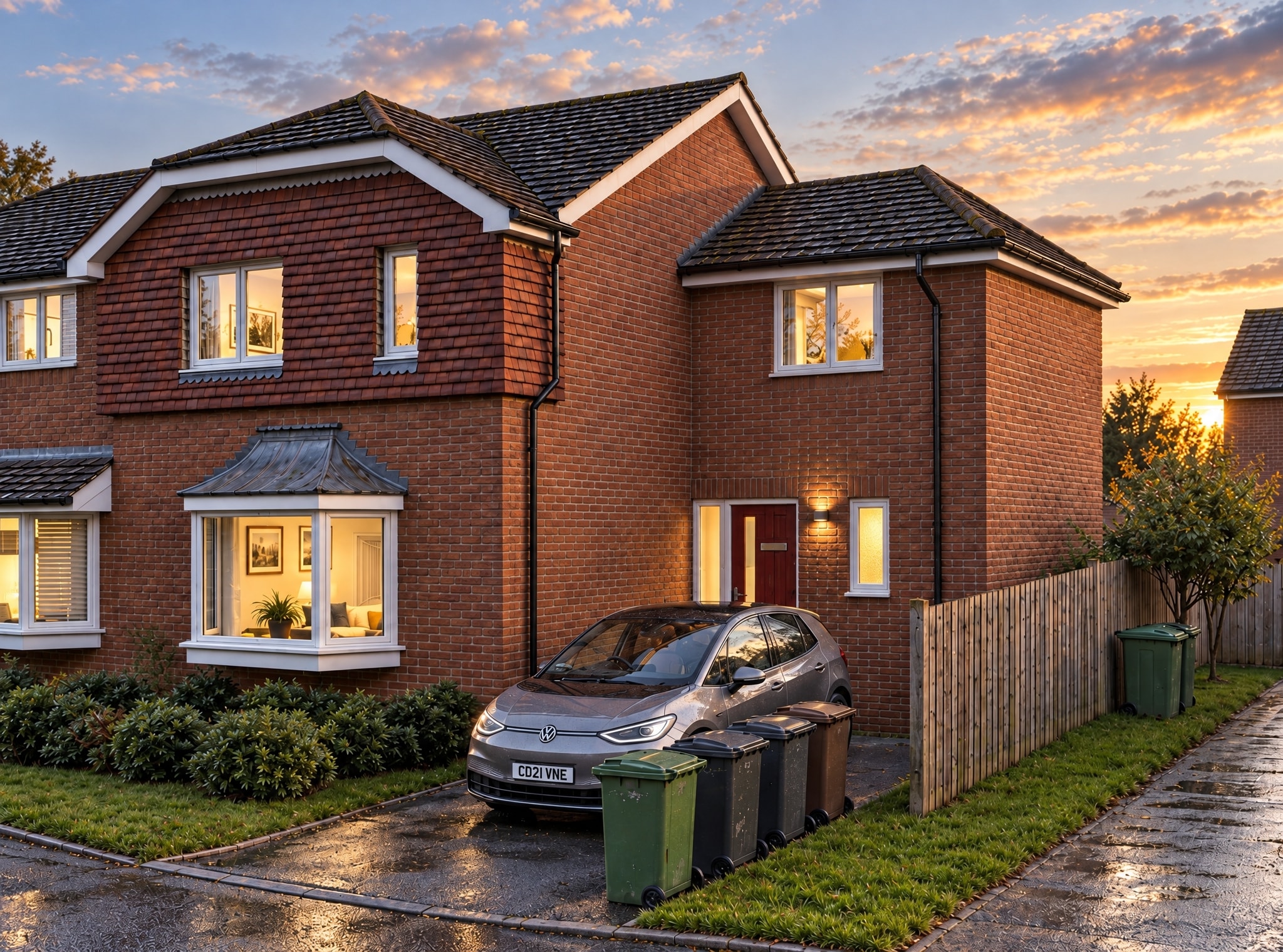 Brick detached house with modern extension at dusk — residential project