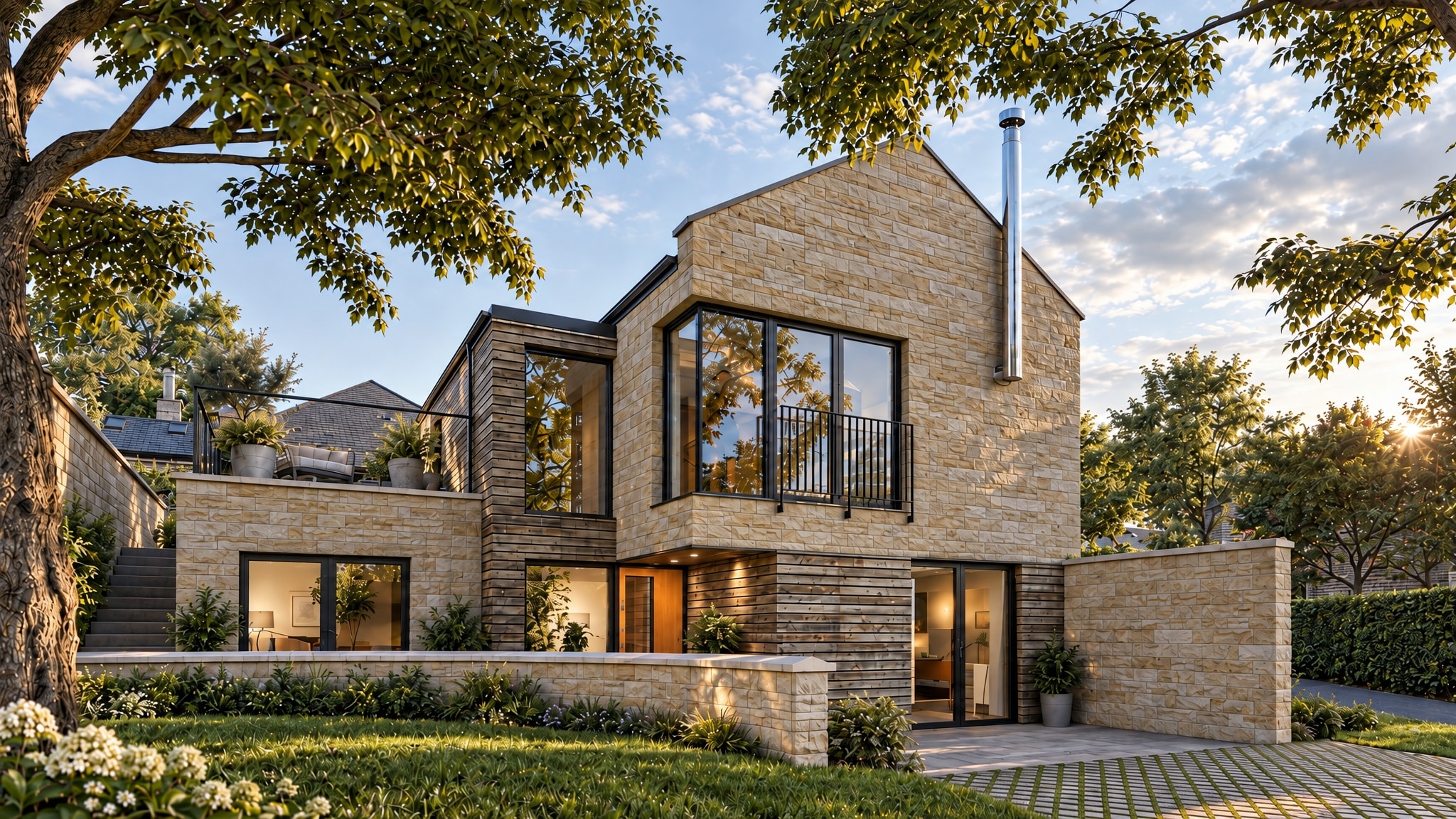 Contemporary stone and timber house with landscaped garden — new build residential project