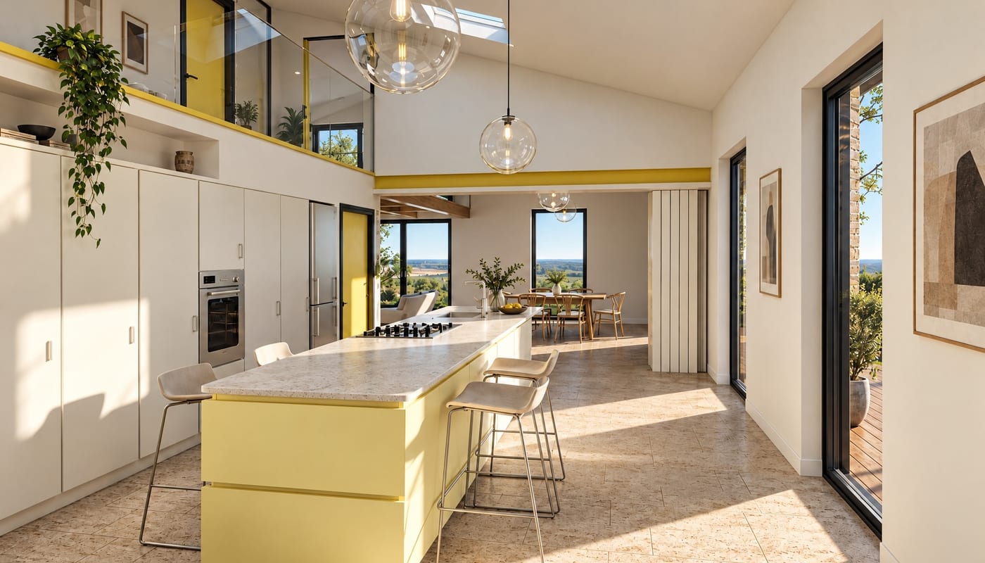 Kitchen extension with yellow island and countryside views — house extension project
