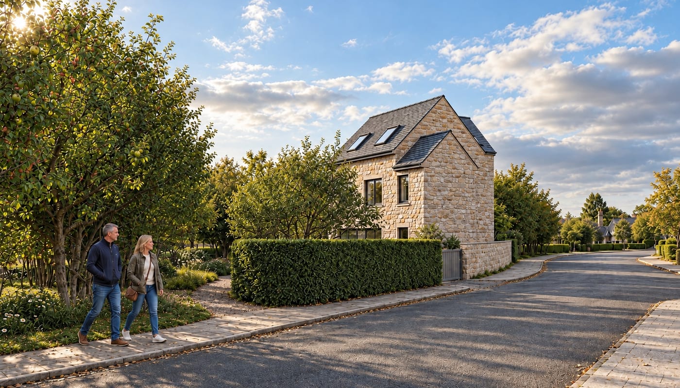Couple walking past a stone terraced house — residential street in West Yorkshire