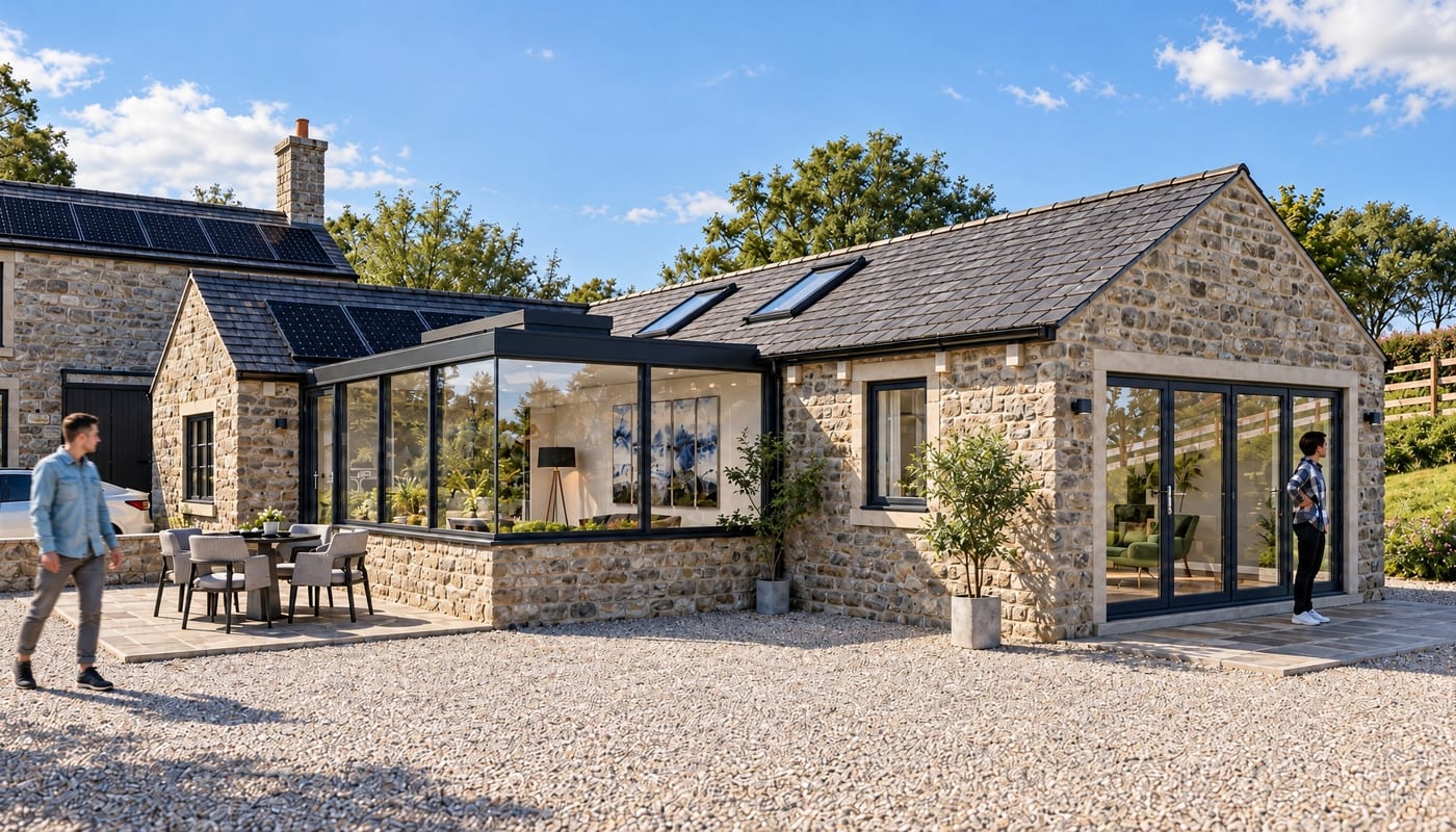 Stone cottage with contemporary glass extension — sensitive alteration to period property