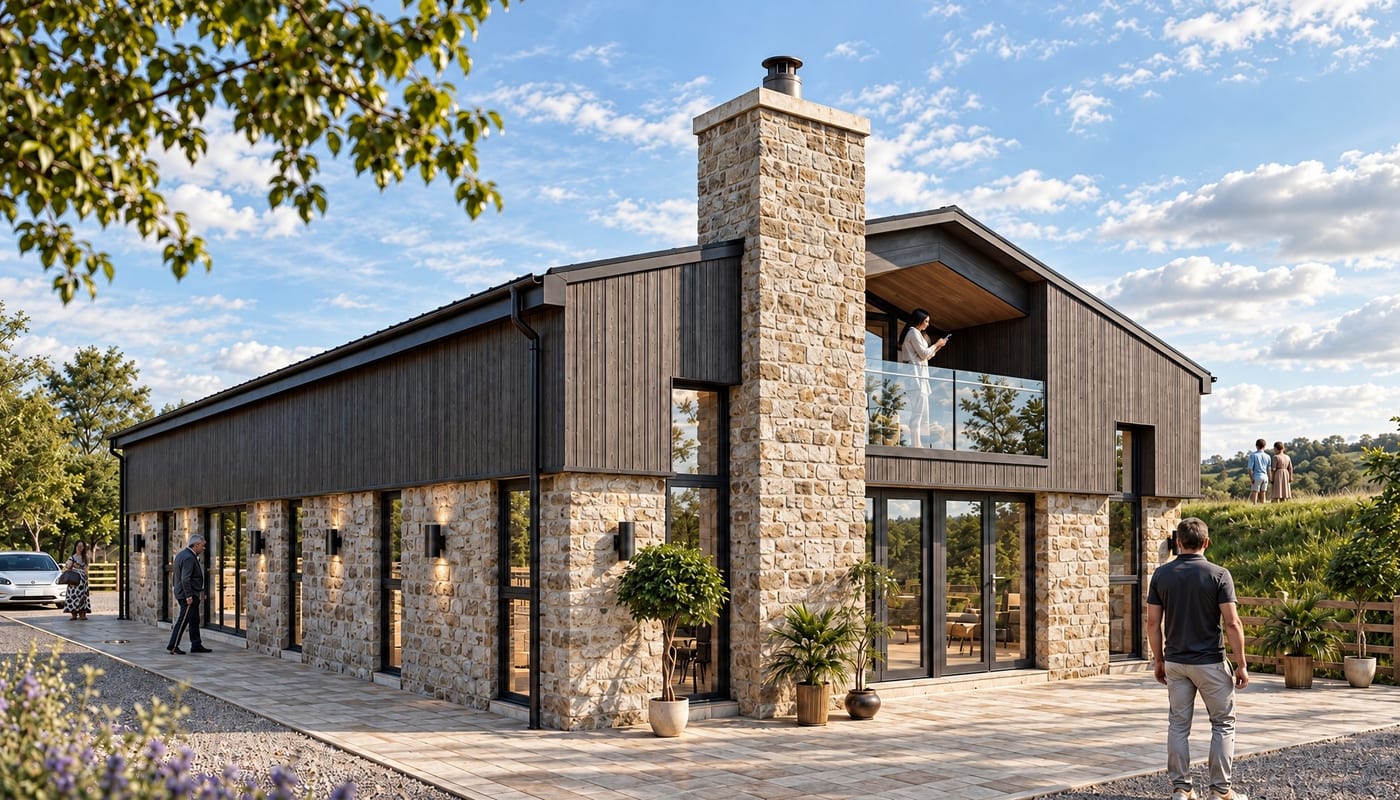 Stone farmhouse with standing-seam metal roof — new build countryside home