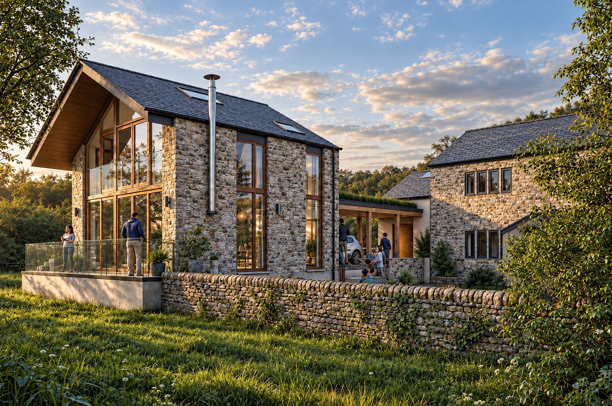 Stone house with glazed gable and timber framing — new build residential project